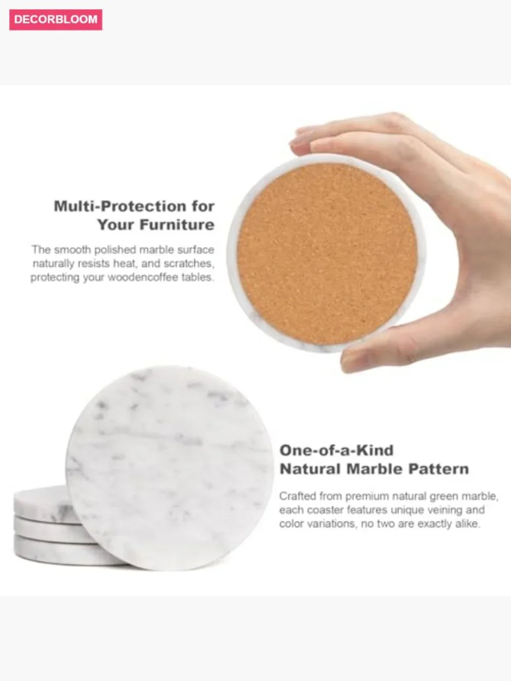 Set of 4 Stone Drink Coasters with Cork Backing - Natural Marble Design